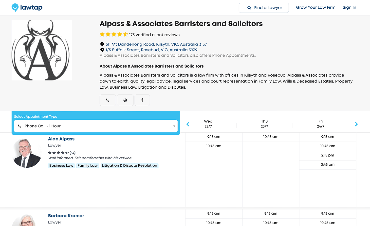 LawTap Screenshot - LawTap Law Firm Profile Example